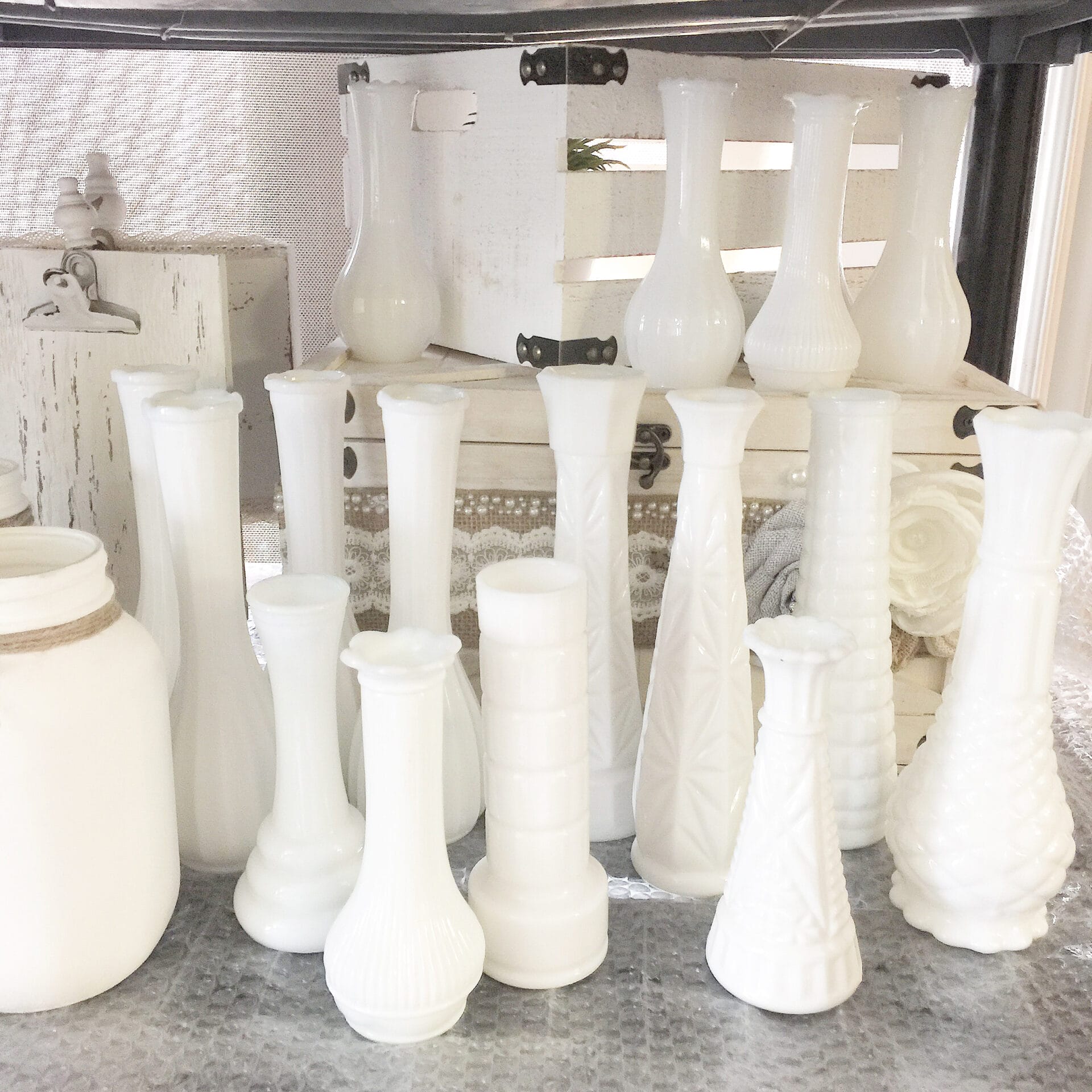 Vintage White Milk Glass Bud Vases For Rent + VintageBASH