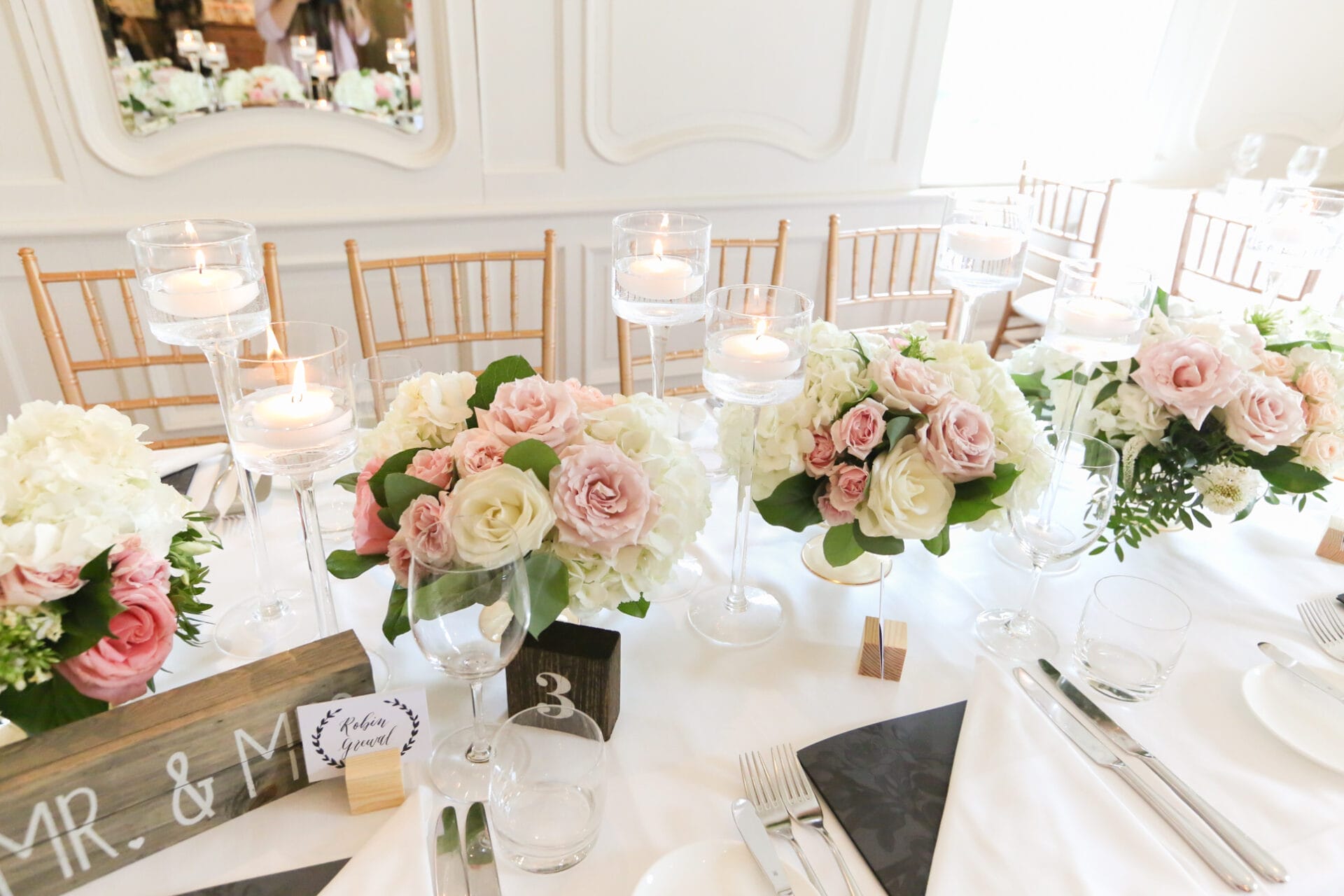 Head Table Floral Runner Blush Peach with Candles Vintage Modern