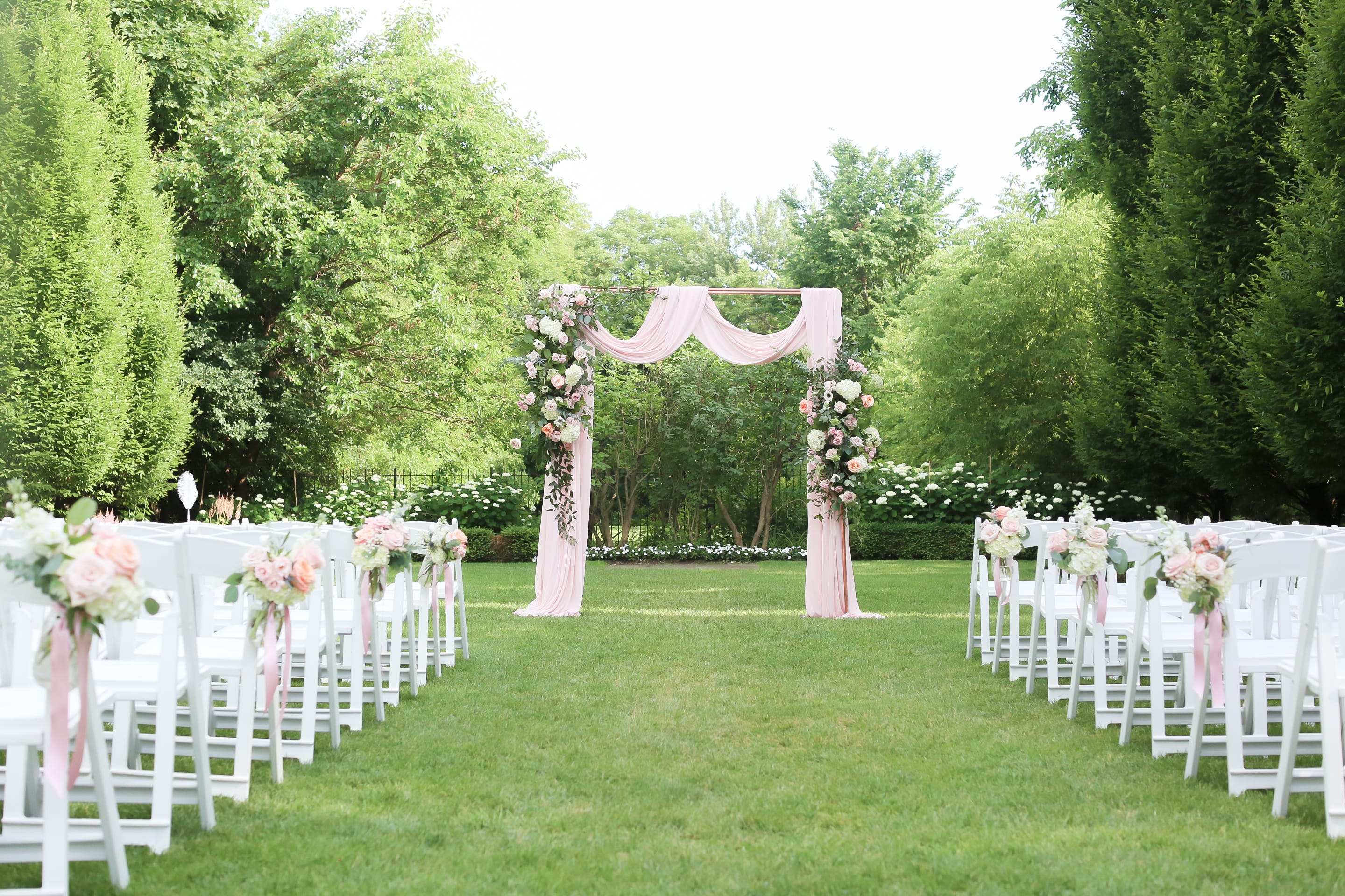 Outdoor Ceremony Graydon Hall Manor Double Copper Arch Flower Wild Floral Arrangement Pink Blush Peach Flowers Blush Drapes