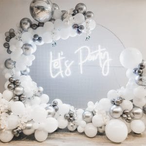 silver and white balloon arch