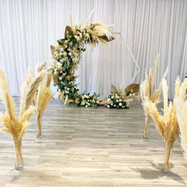 Abby Bohemian with Aisle Markers 02 Abby Bohemian Pampas Arch Backdrop