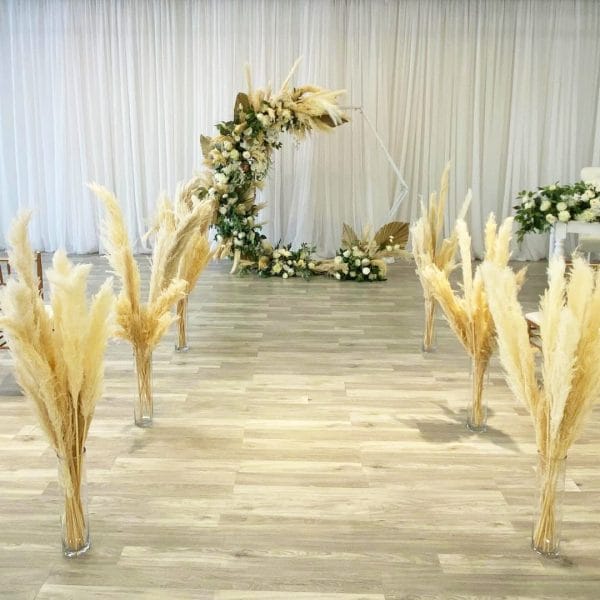 Abby Bohemian with Aisle Markers 03 Abby Bohemian Pampas Arch Backdrop