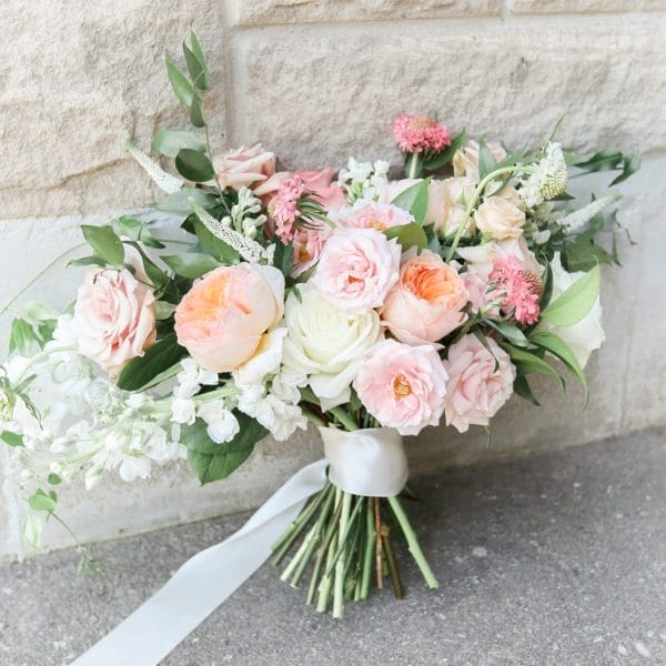 BellamyLoft3 1 Wedding · Whimsical Peachy Pinks Fresh Bridal Bouquet