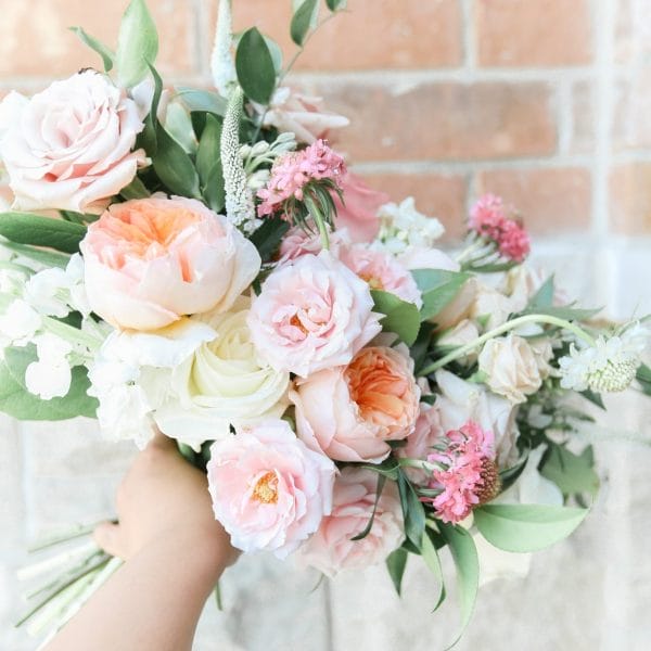 BellamyLoft3 2 Wedding · Whimsical Peachy Pinks Fresh Bridal Bouquet