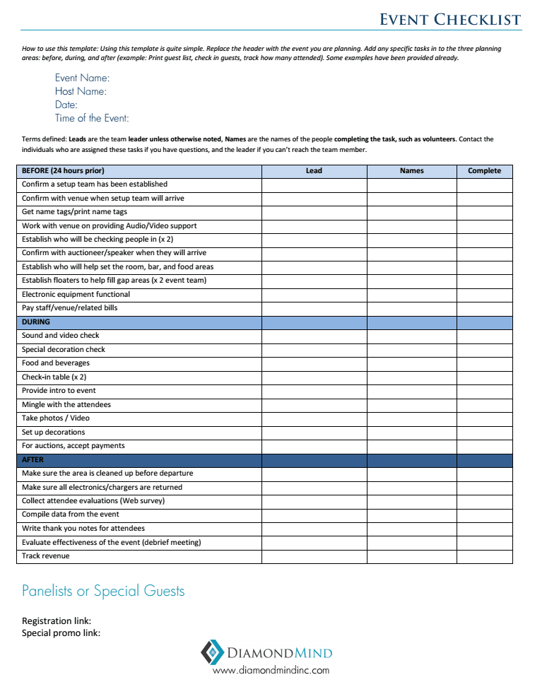Diamond Mind Event Checklist
