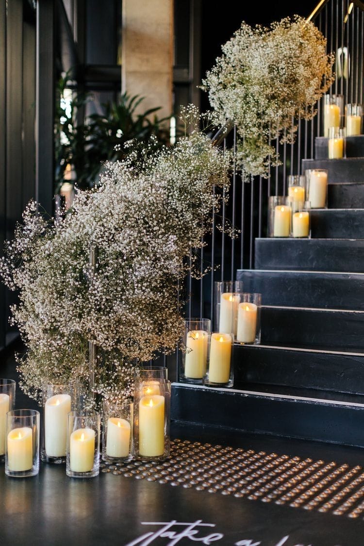 babys breath staircase garland