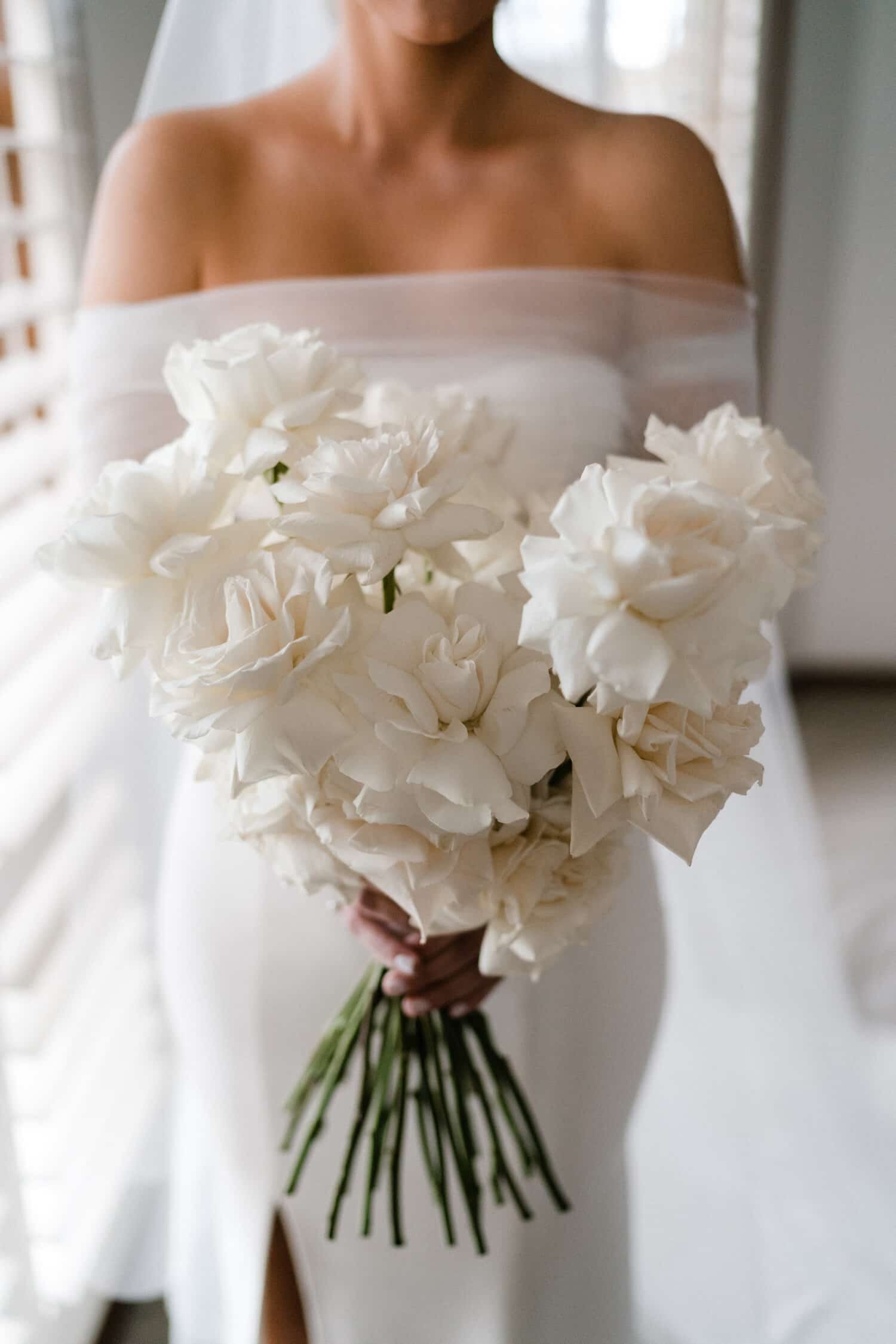White Rose Bouquet Wedding Monochromatic Flexed Roses