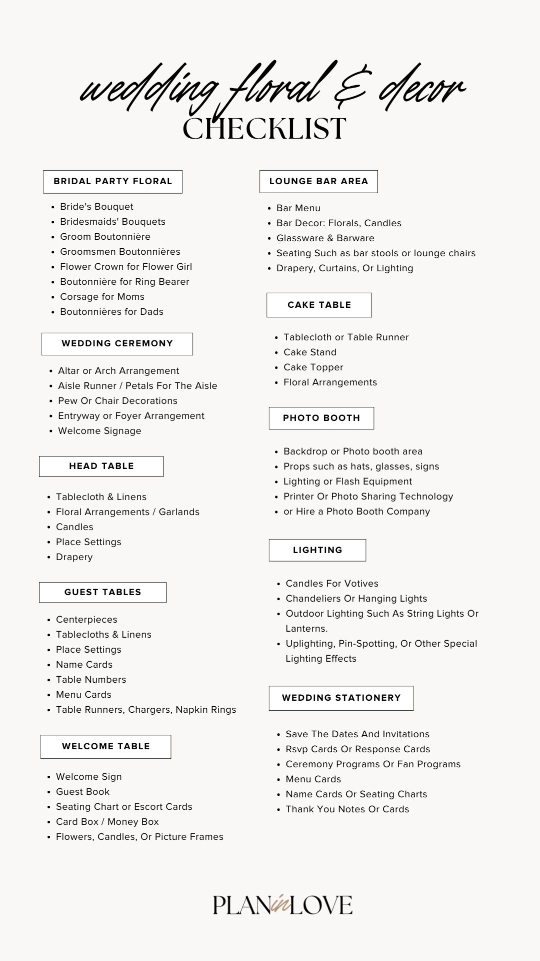 wedding decor checklist