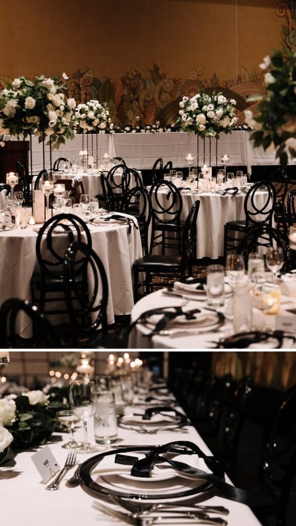 Kerri & Matt Wedding Photos - The Eglinton Grand- Table decor details- black and white-Floral centerpieces