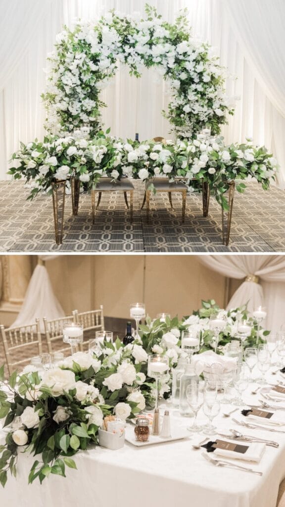 Paradise Banquet & Convention Centre- Floral arch-All white /Table decor-candles, centerpieces