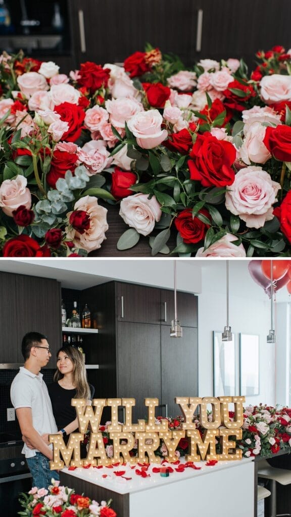 Yang & Kimberly Markham proposal - Floral arrangement details- pink-red, proposal sign