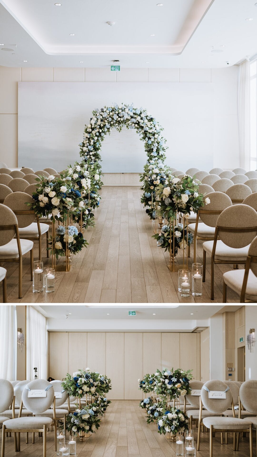 Ceremony details- White/blue aisle makers - White/blue arch