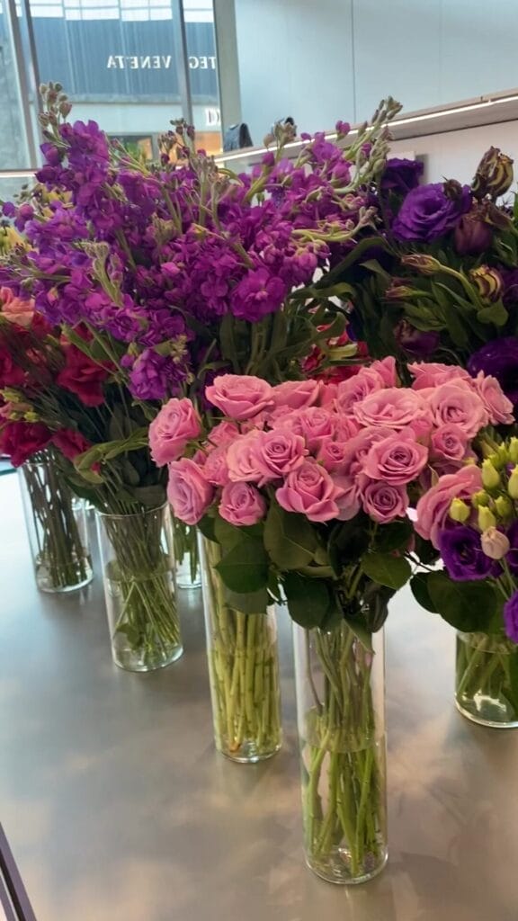 Balenciaga 8 March 2024- Floral setup- vases-pink, purple, magenta, touches of green