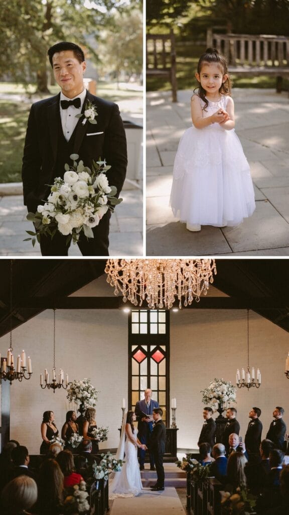 Patrick with bouquet/ flower girl/ Venue