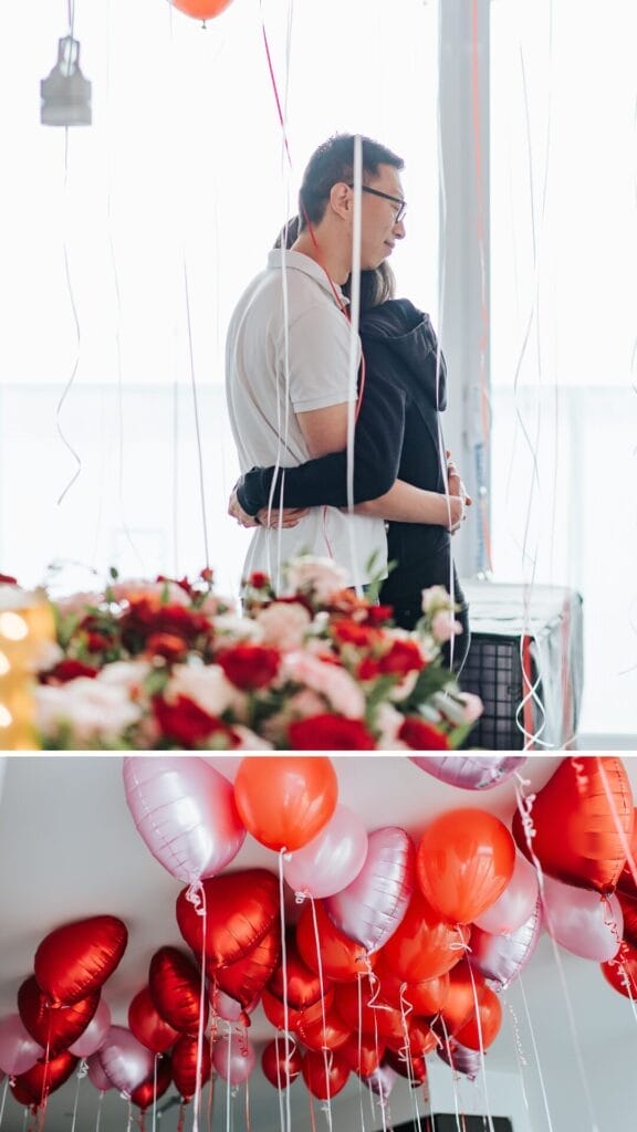 Yang & Kimberly Markham proposal - Balloon decor details- red, pink-couple having a sweet moment