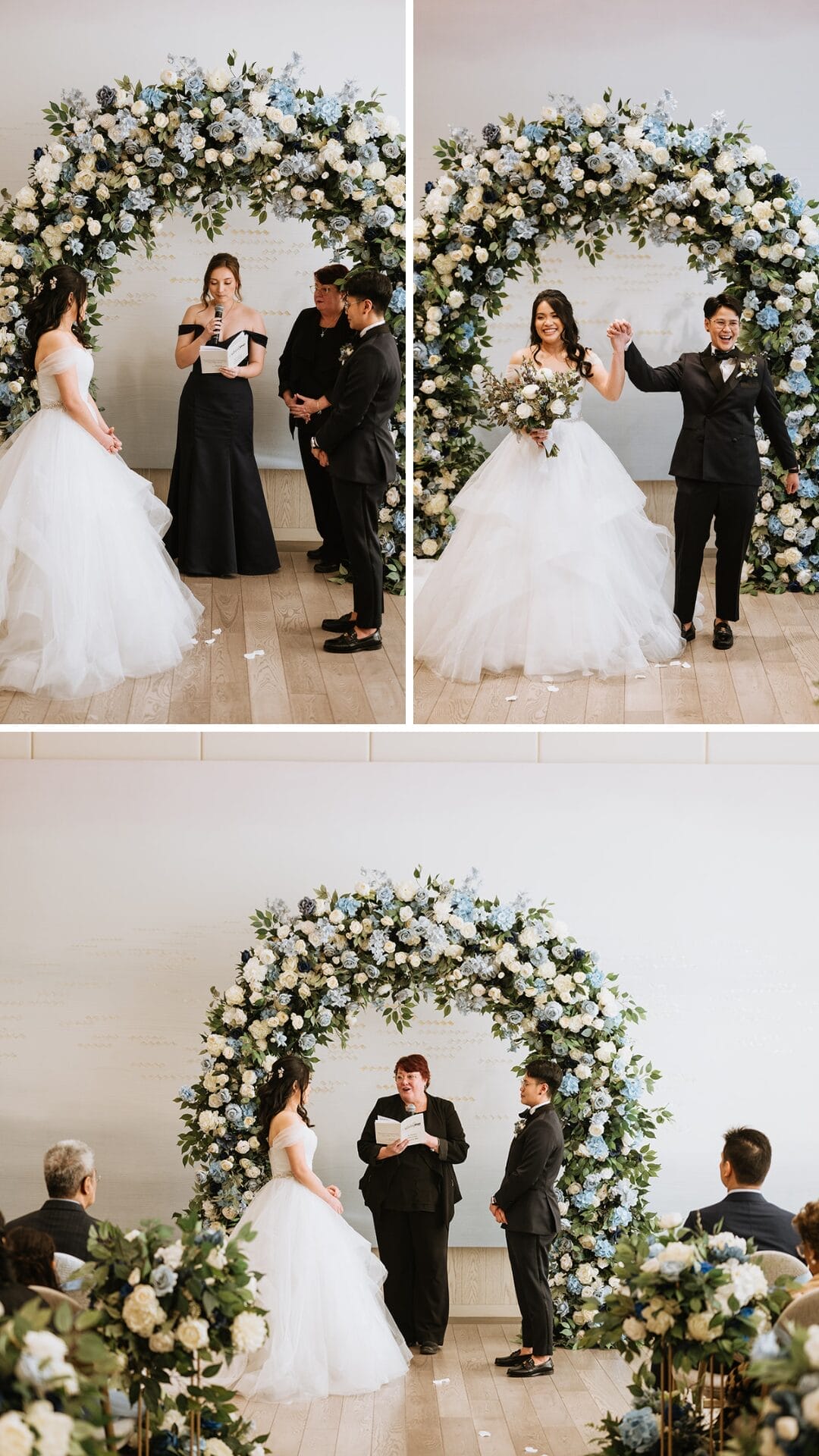 Couple moment- posing Infront of white/blue arch