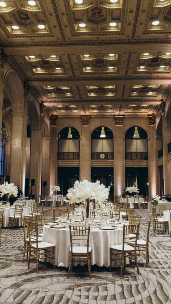 Alexandra De Lio - One King West- Venue details- white floral centerpieces, gold accents, table decor
