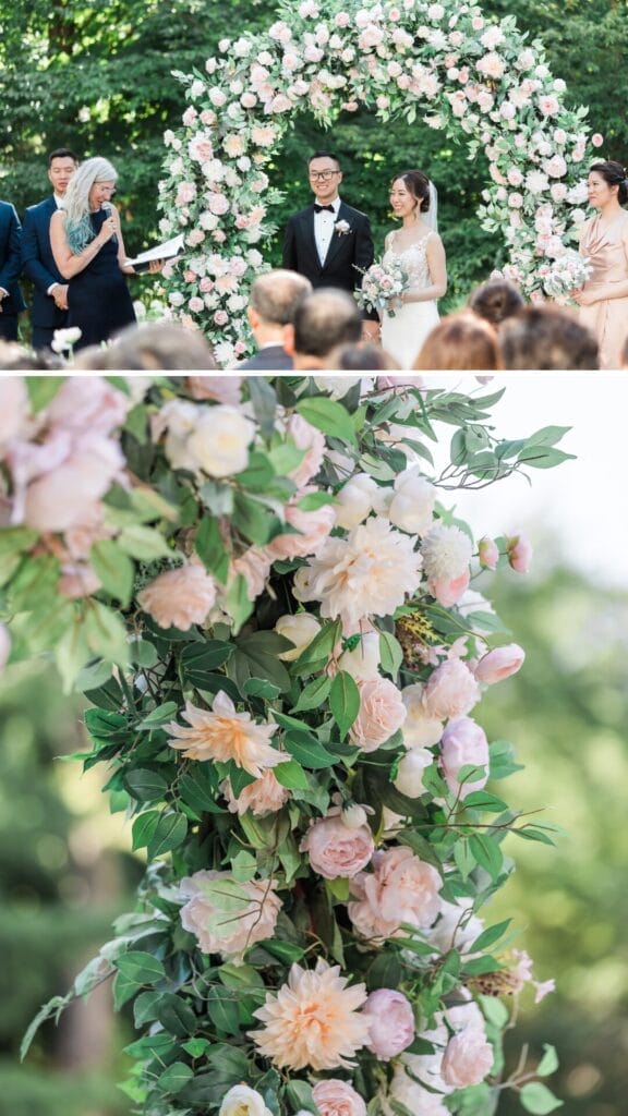 Blush floral arch details/ ceremony moment