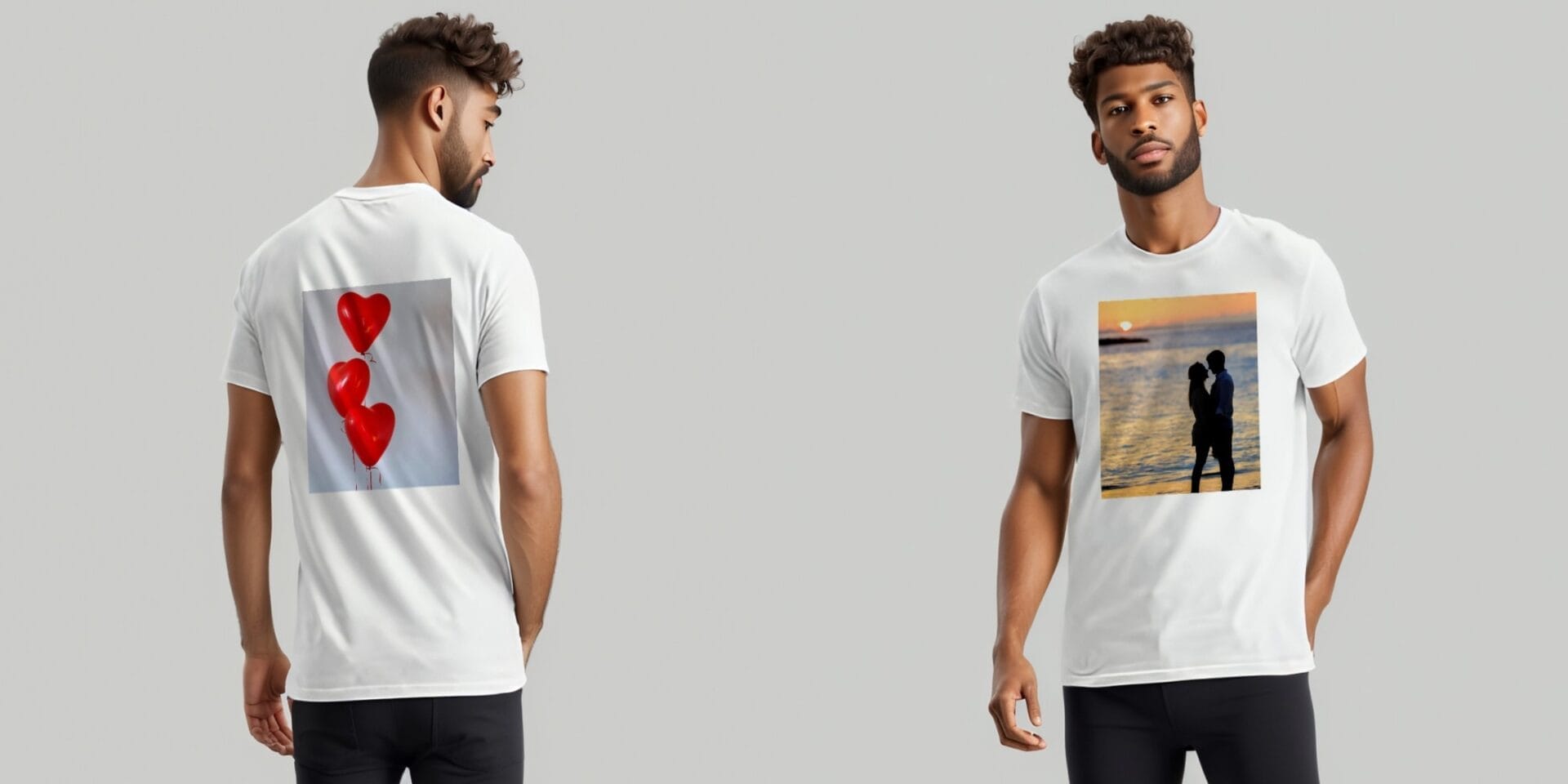 A stack of custom printed T-shirts with wedding-themed designs, 