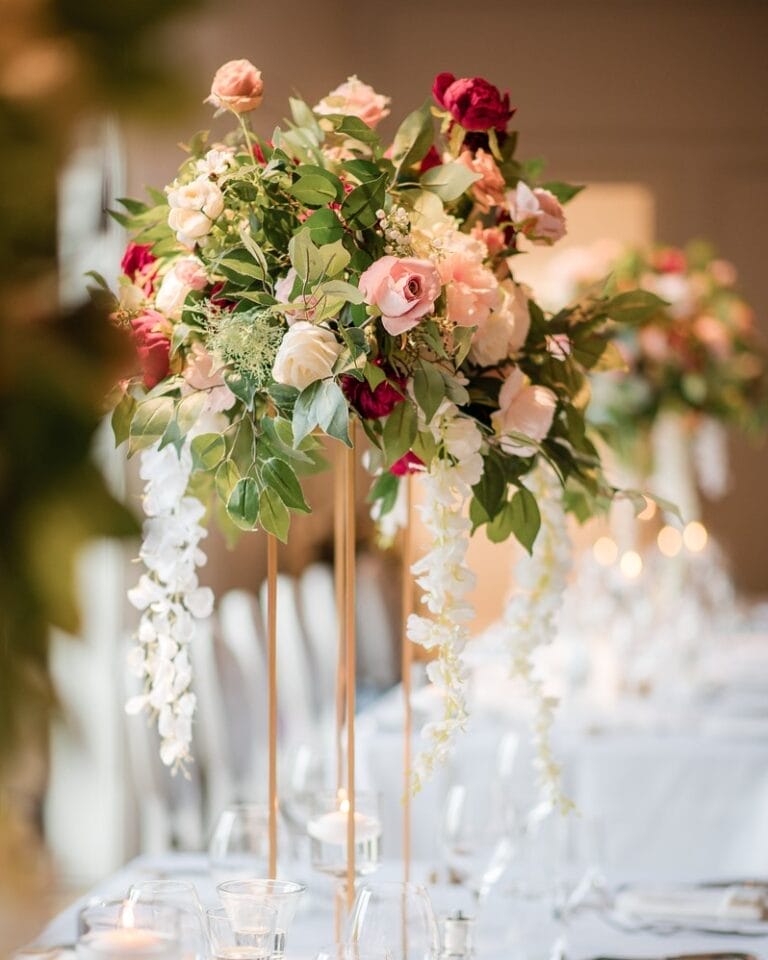 Floral table arrangements at Alisha & Raman’s Wedding